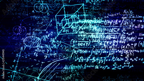 3D rendering of abstract blocks of mathematical formulas located in the virtual space