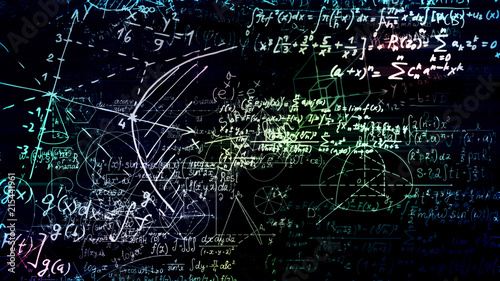 3D rendering of abstract blocks of mathematical formulas located in the virtual space