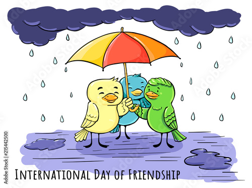 Color Greeting doodle card Day of friendship - under umbrells with friends together photo