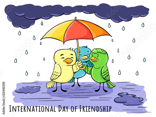 Color Greeting doodle card Day of friendship - under umbrells with friends together