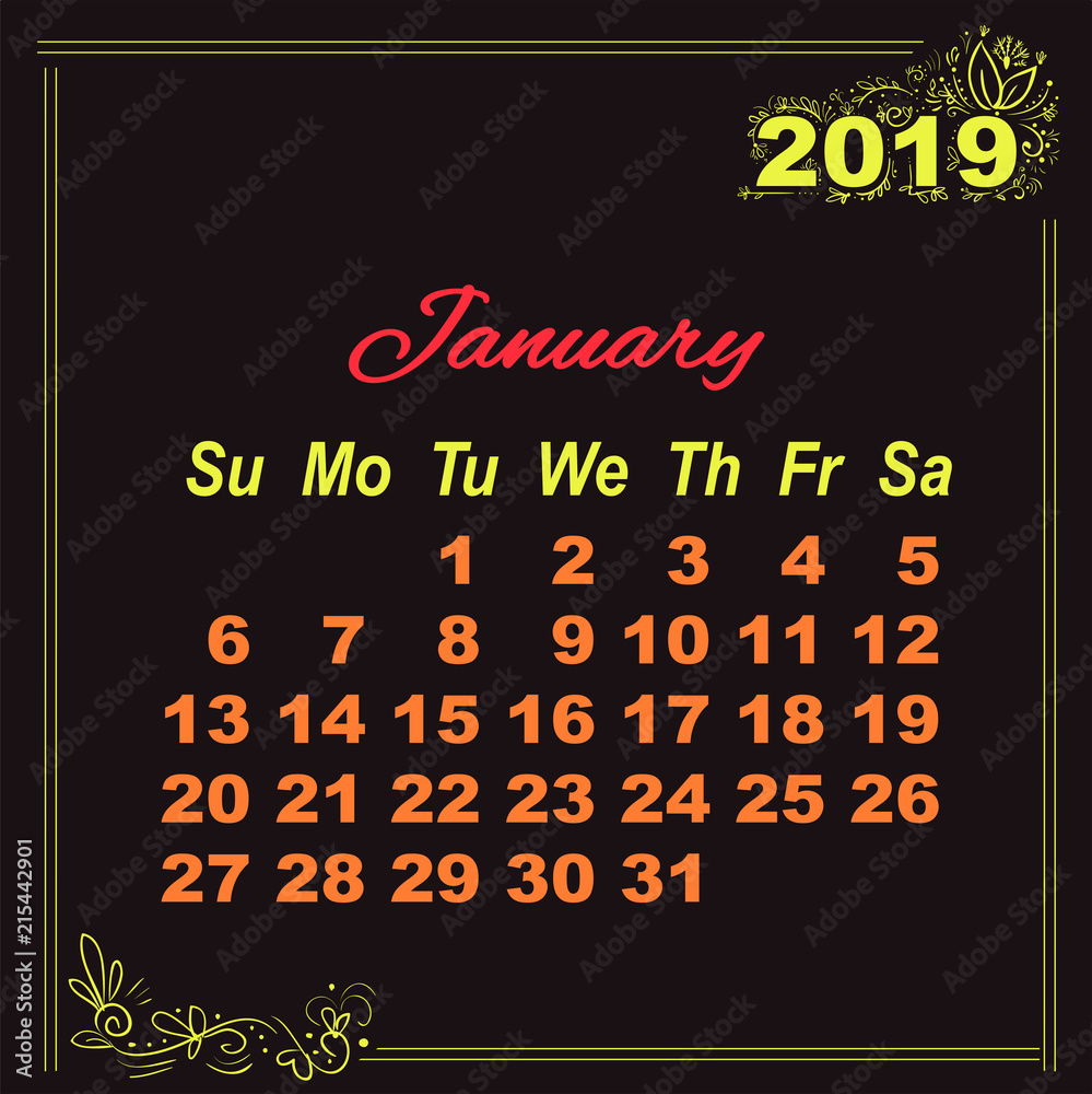 Calendar January yellow doodle decor 2019 on black background