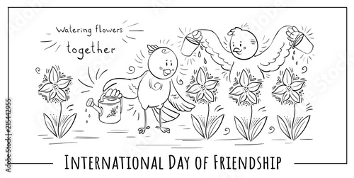 Vector doodle illustration Birds Watering flowers together Day of friendship