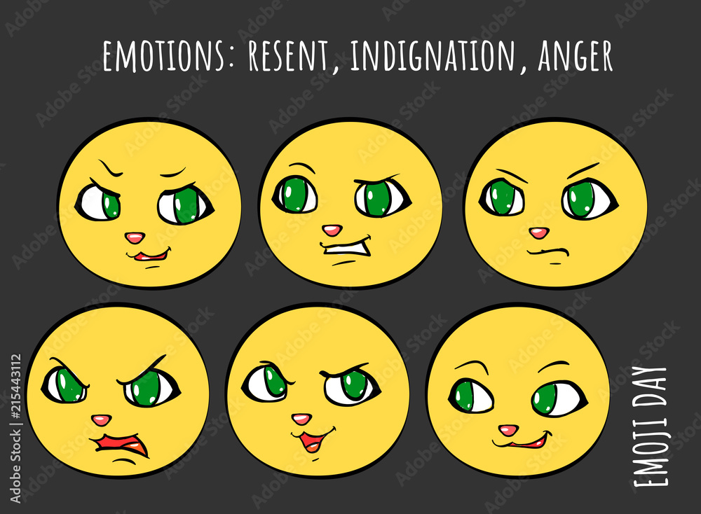 Emotions - resent, indignation, anger - vector set of cartoon emoji Emotions - resent, indignation, anger - vector set of cartoon emoji
