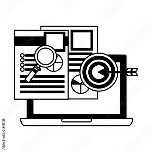 laptop document reports magnifying glass target marketing