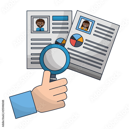 hand with set of curriculum vitae and magnifying glass
