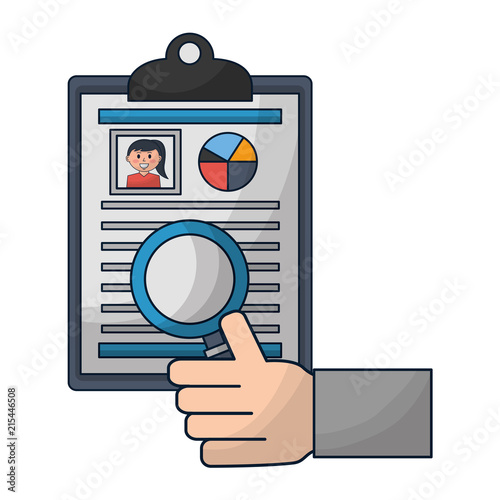 hand with curriculum vitae and magnifying glass