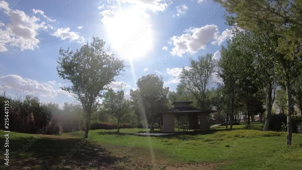 Timelapse of bright summer sun over a park gazebo with trees blowing in the wind, ZOOM IN Timelapse of bright summer sun over a park gazebo with trees blowing in the wind, ZOOM IN