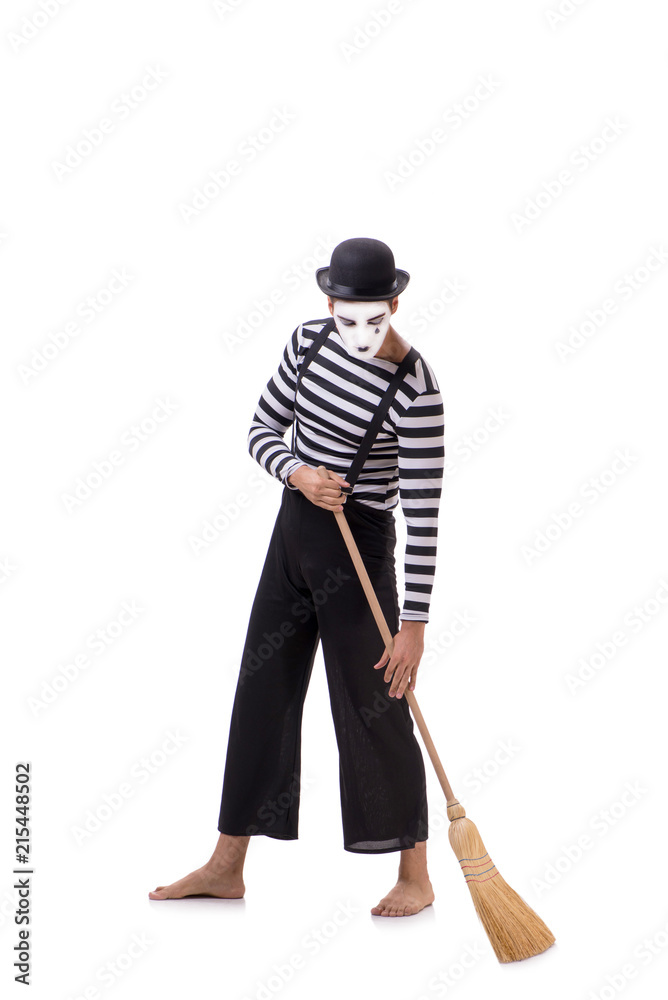 Mime with broom isolated on white background Mime with broom isolated on white background