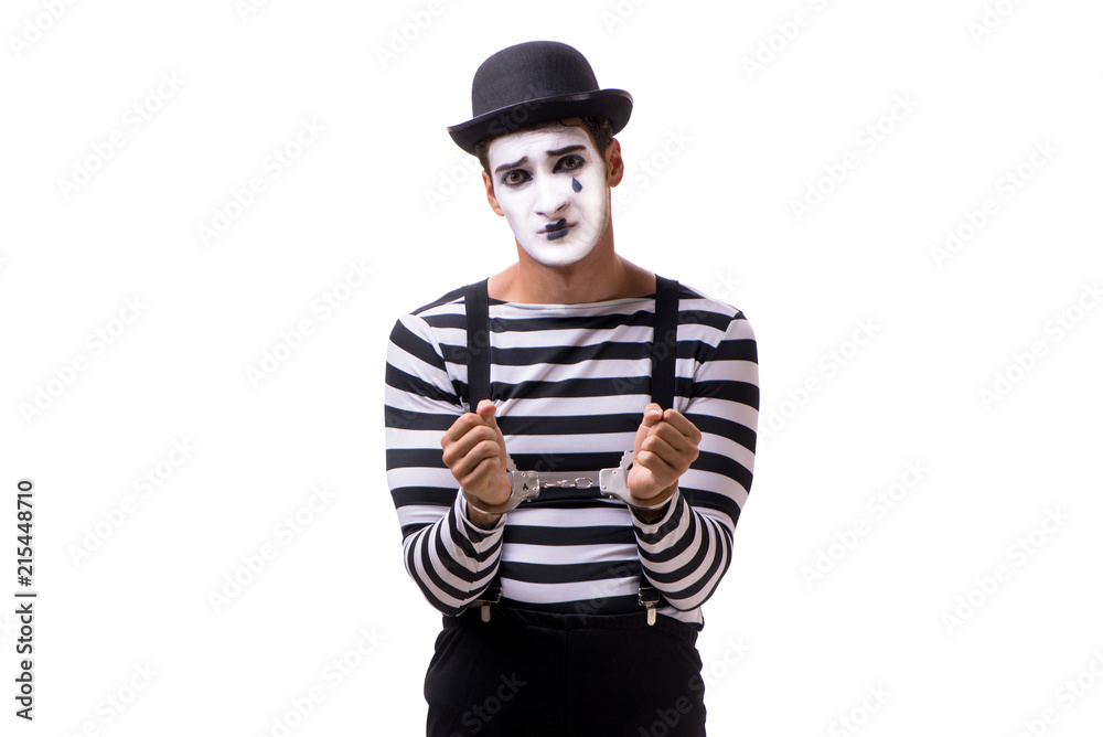 Mime with handcuffs isolated on white background