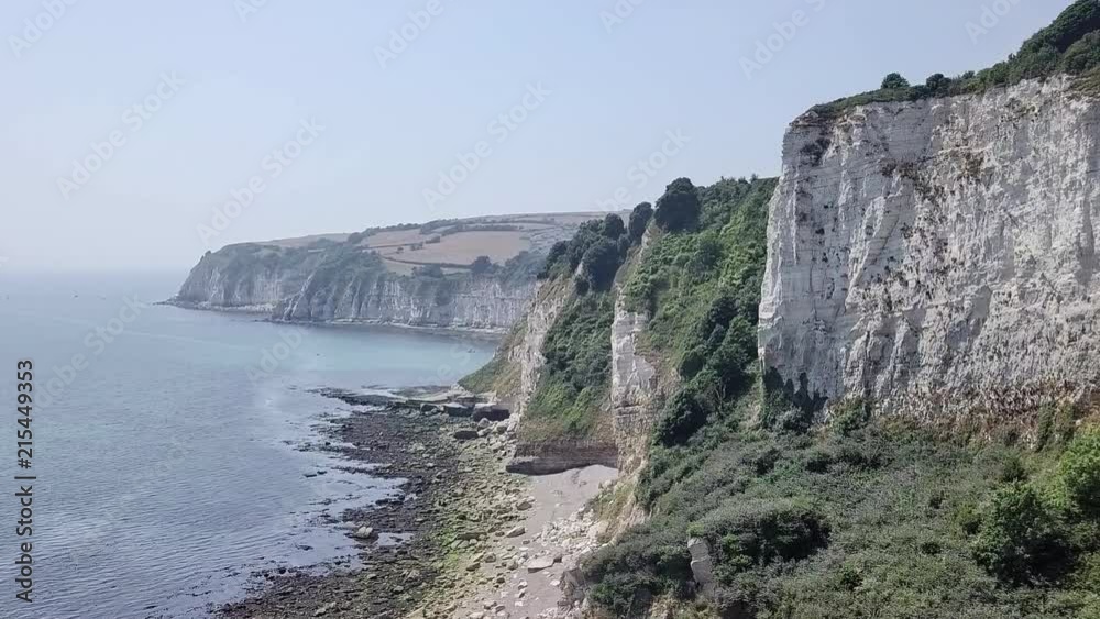 Rocky cliff along the Jurassic Coastline in Seaton, United Kingdom. The forest covered cliffs drops off into the ocean on a rocky shore. Rocky cliff along the Jurassic Coastline in Seaton, United Kingdom. The forest covered cliffs drops off into the ocean on a rocky shore.