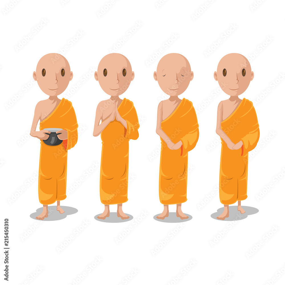 Asia Monk Character Isolate Set Vector