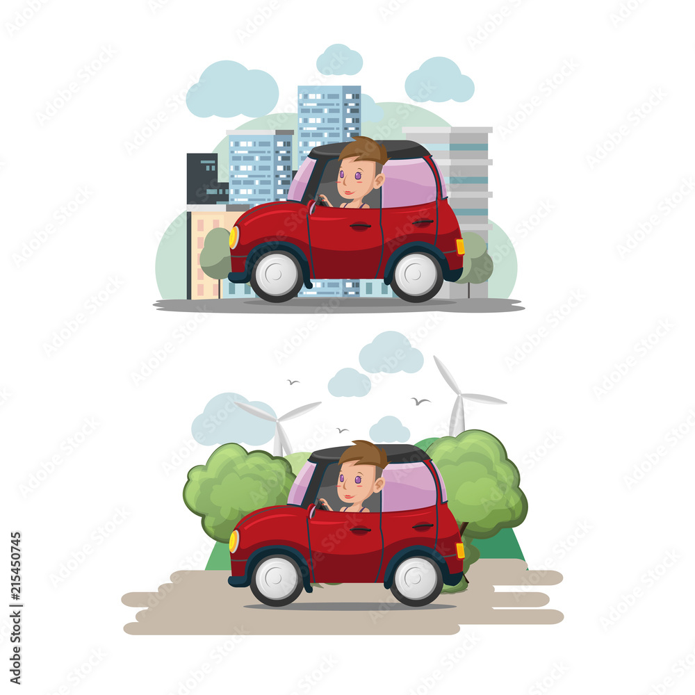 Woman Driver Red Car City Eco Vector