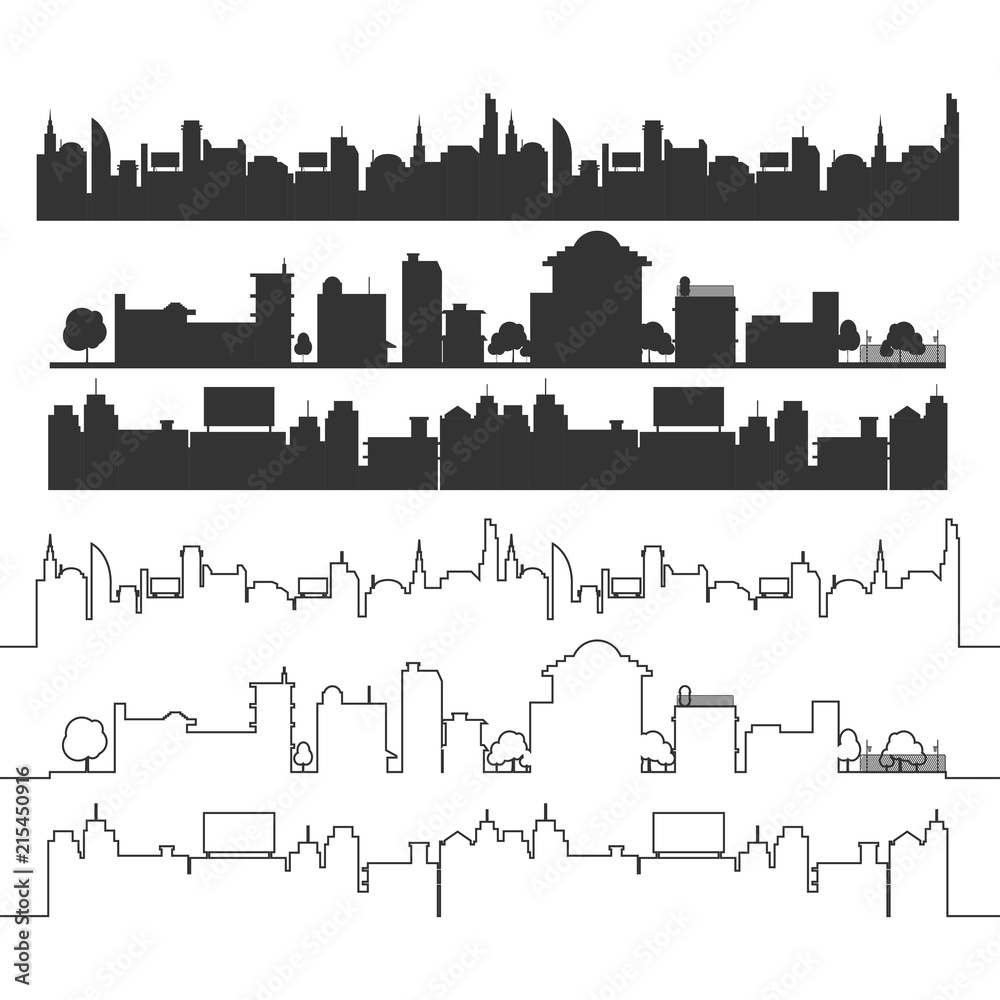 Cities Silhouette Landscape Black Set Vector