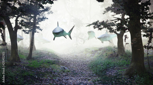 sharks swimming in forest, group of sharks flying in foggy fantasy landscape