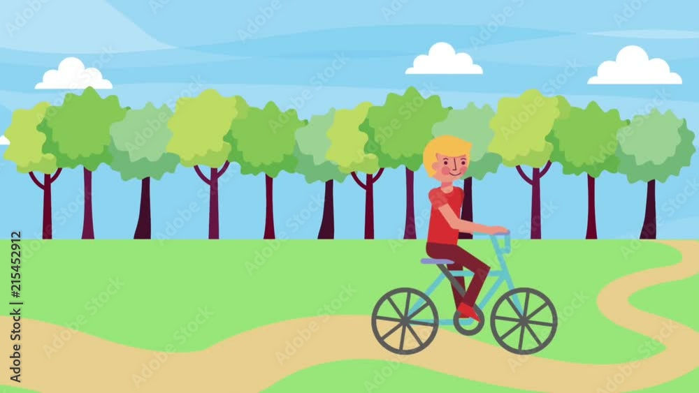 young boy riding bike in the park road animation