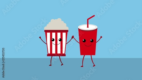 kawaii cartoon food popcorn and soda animation hd