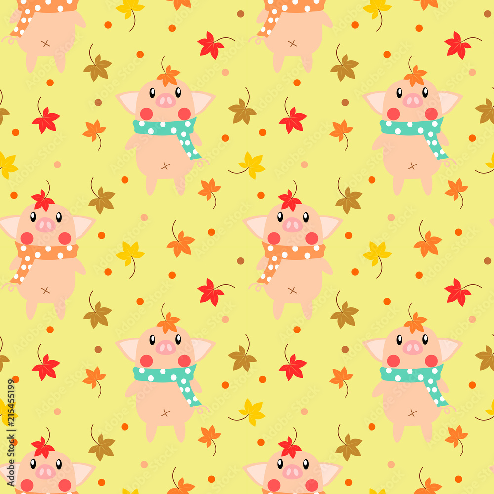 Cute pig and maple leaves seamless pattern. Autumn season concept.
