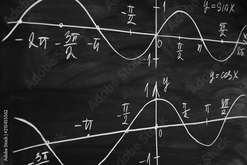 Math lesson. Sine and cosine functions. Graphics graphics drawn on the Board photo