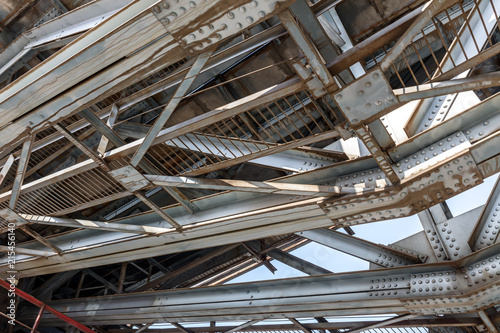 detailed view of steel train track bridge construction
