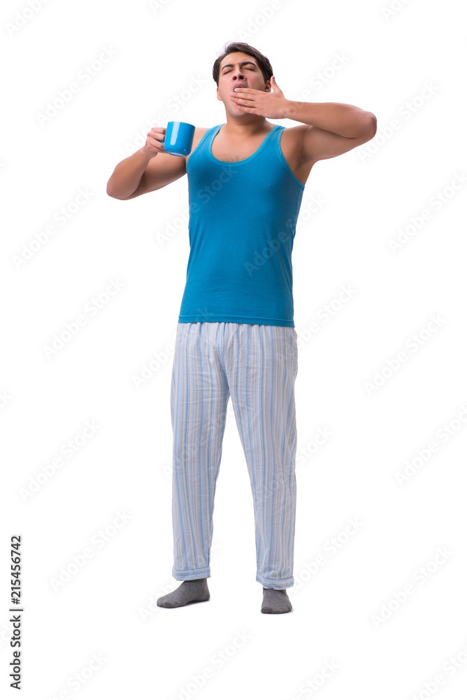Man waking up with alarm clock isolated on white Man waking up with alarm clock isolated on white