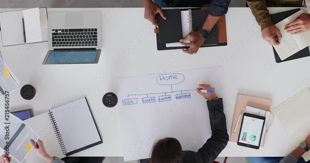 time lapse young multi ethnic team of web developers brainstorming ideas for startup business website planning design layout in modern office workspace top view track