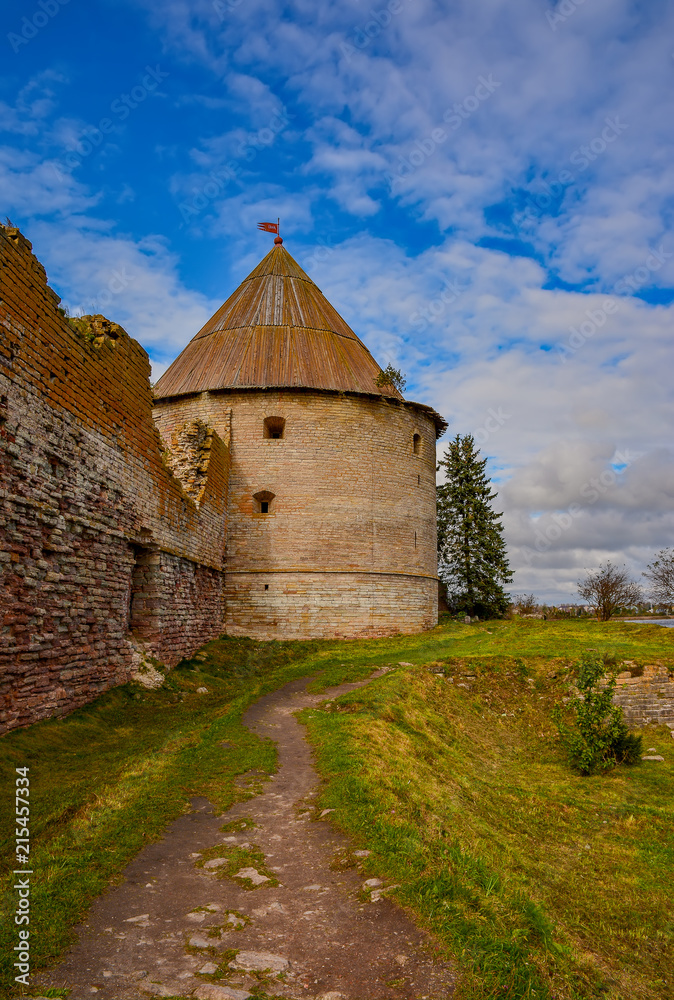 Preserved buildings of the ancient fortress on the island of Nut at the mouth of the Neva river. Preserved buildings of the ancient fortress on the island of Nut at the mouth of the Neva river.