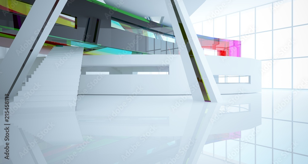 Fototapeta premium Abstract white and colored gradient glasses interior multilevel public space with window. 3D illustration and rendering.