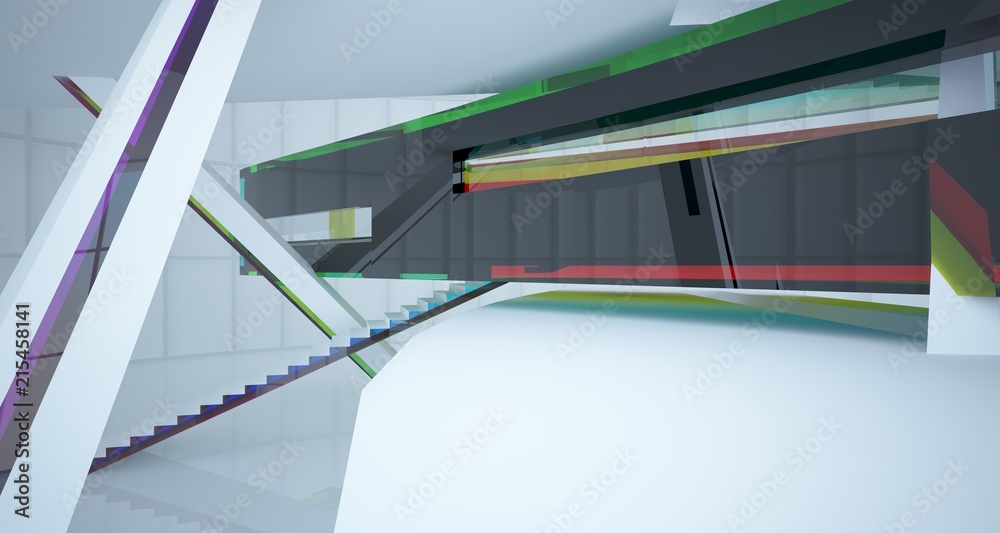 Obraz premium Abstract white and colored gradient glasses interior multilevel public space with window. 3D illustration and rendering.