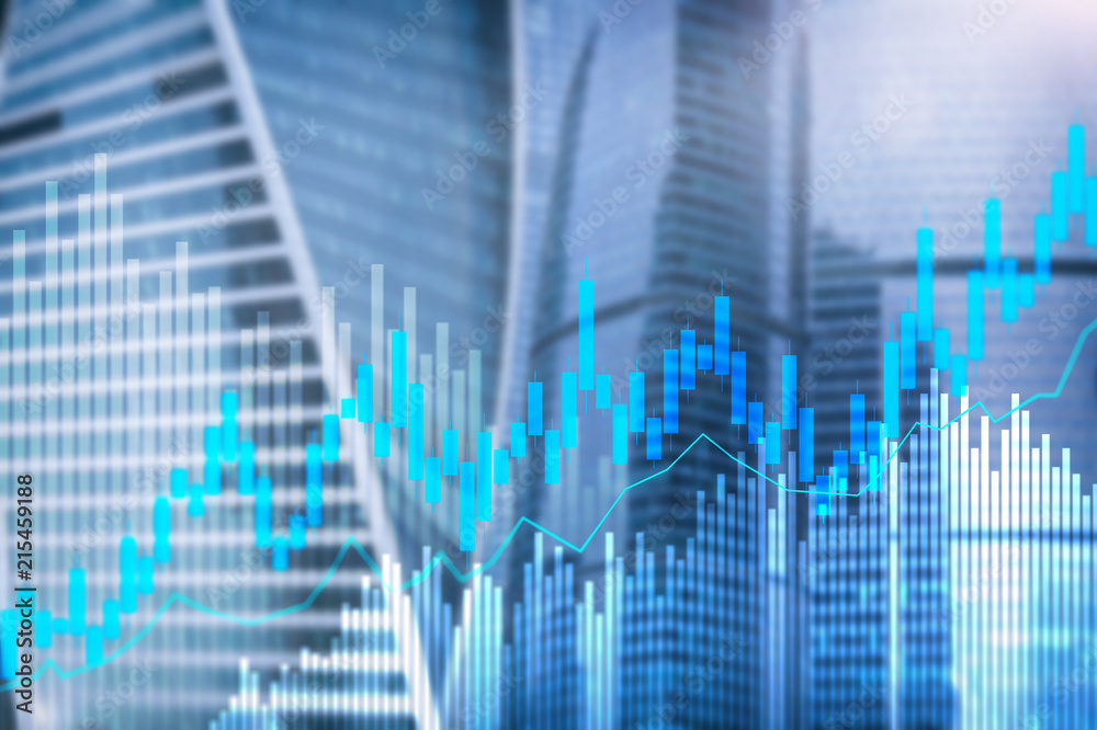 Stock trading candlestick chart and diagrams on blurred office center background. Stock trading candlestick chart and diagrams on blurred office center background.