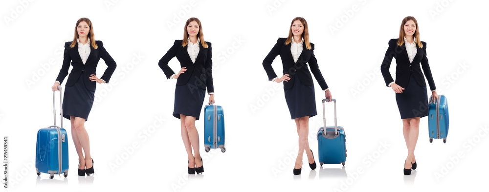 Woman preparing for vacation with suitcase on white