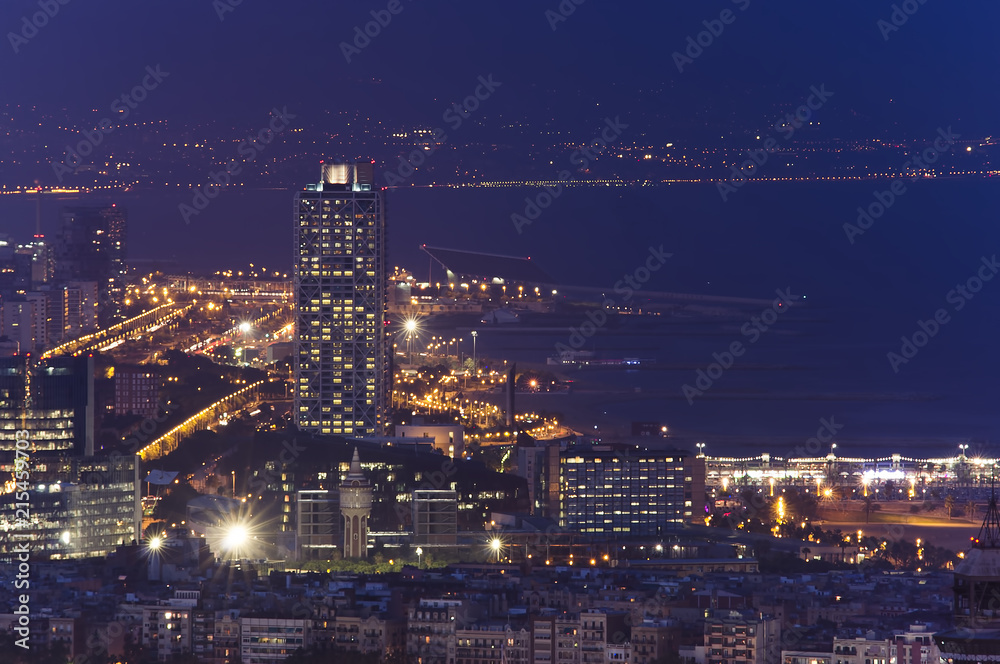 Fototapeta premium Barcelona cityscape at night, marina port view