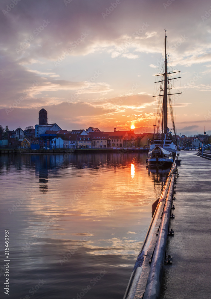 a romantic sunset in the harbor of Wolgast (Germany)