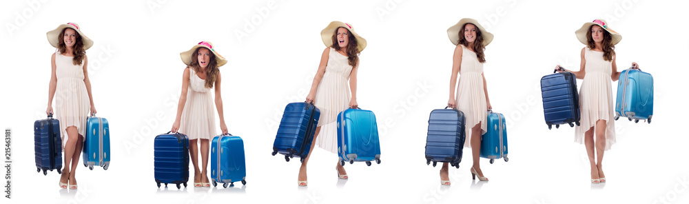 Woman traveller with suitcase isolated on white Woman traveller with suitcase isolated on white