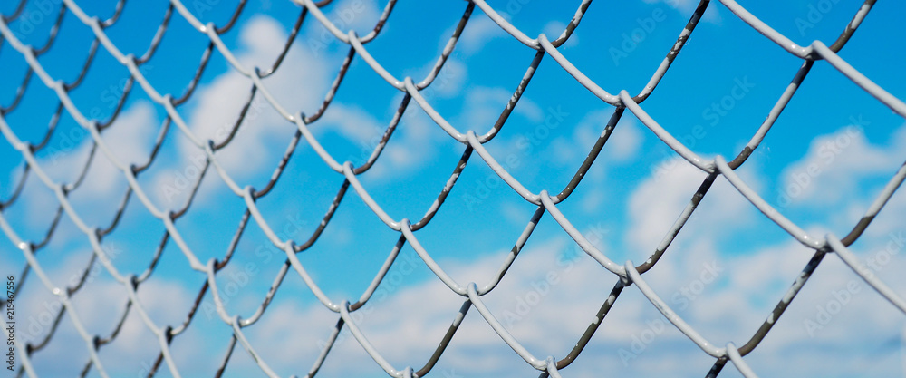 Fototapeta premium banner wor website, A fence made of wire mesh, netting covered with white on the background of blue sky and sunshine