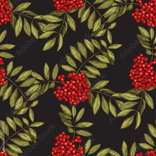 Vector seamless pattern with leaves and fruits of mountain ash on a black background. Colors of autumn nature for your design.