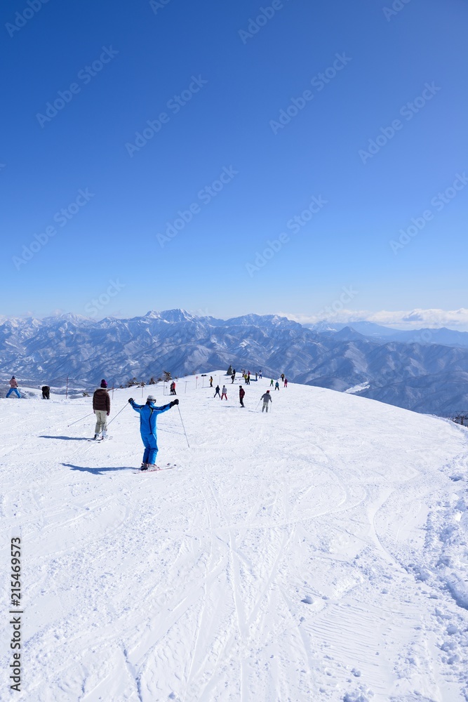 Panoramic ski at hakuba happo in Nagano Japan with blue sky