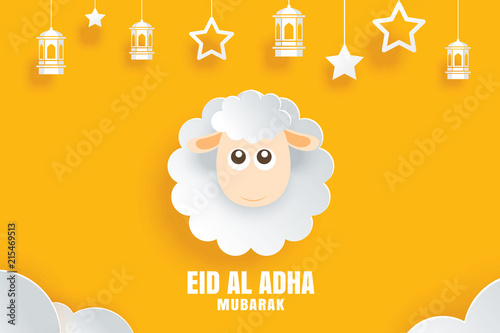 Eid Al Adha Mubarak celebration card with sheep in paper art yellow background. Use for banner, poster, flyer, brochure sale template.