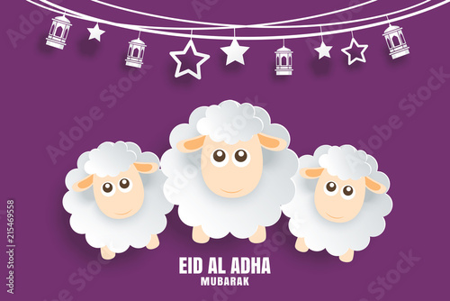 Eid Al Adha Mubarak celebration card with sheep in paper art purple background. Use for banner, poster, flyer, brochure sale template.