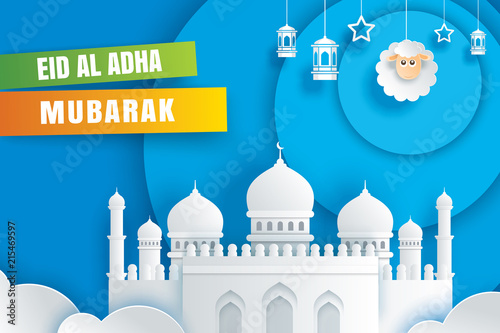 Eid Al Adha Mubarak celebration card with mosque and sheep in paper art blue background. Use for banner, poster, flyer, brochure sale template.