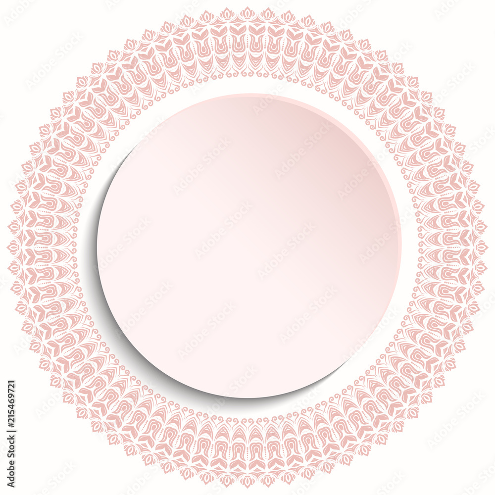Round vector frame with floral elements and arabesques. Pink round pattern with arabesques. Fine greeting card Round vector frame with floral elements and arabesques. Pink round pattern with arabesques. Fine greeting card