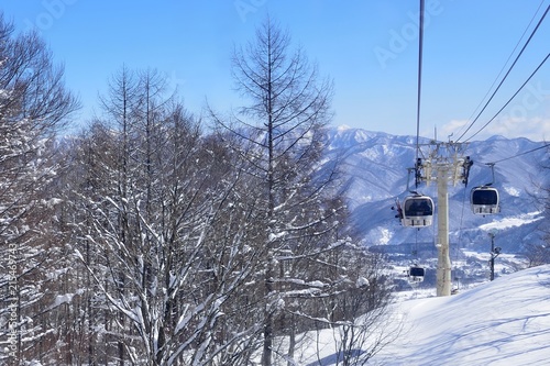 Panoramic ski at hakuba happo in Nagano Japan with blue and gondola