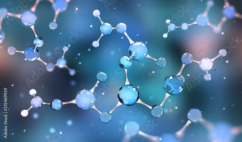 Molecule 3D illustration. Scientific breakthrough in the field of molecular synthesis. Nanotechnology in medical research of biochemical processes photo