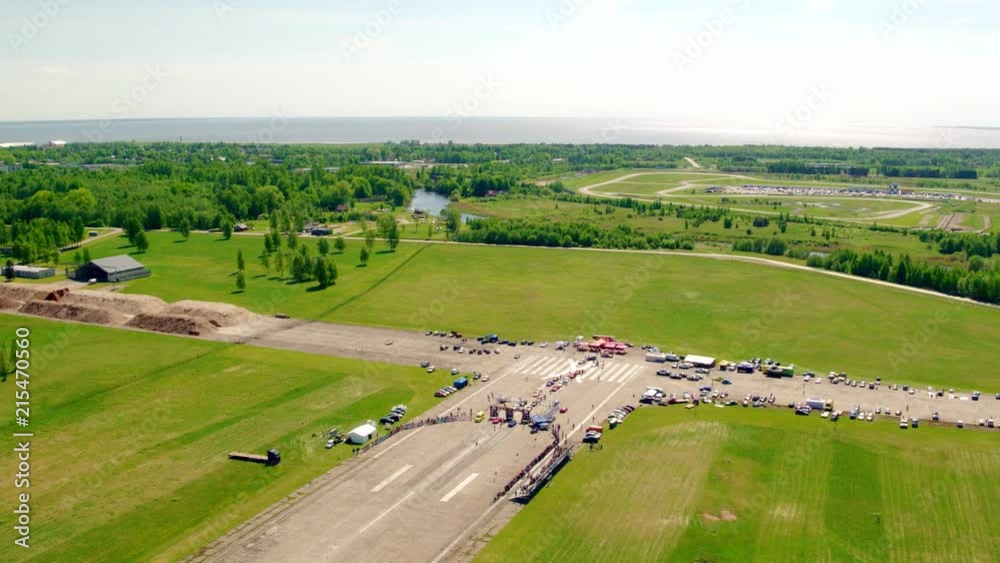Wide aerial shot of drag racing set-up Wide aerial shot of drag racing set-up