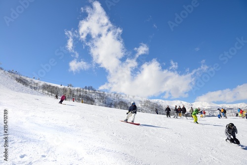 Panoramic snow boarding at hakuba happo in Nagano Japan with blue