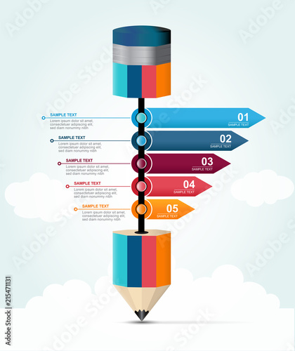 5 Steps education pencil infographics option to success business and education learning. 3D infographic design template for 5 ideas from core pencil lead.