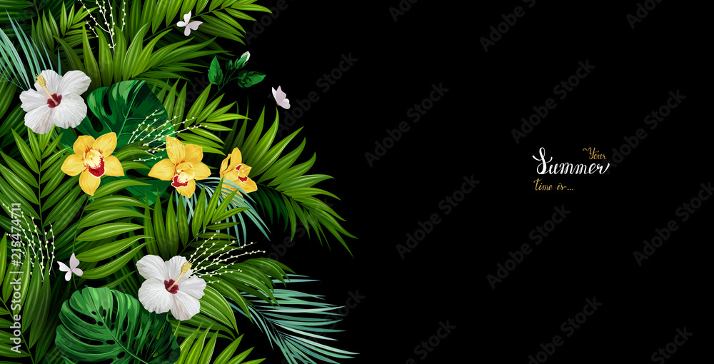Φωτογραφία Holiday banner with green tropical palm, monstera leaves, Hibiscuses and yellow Orchids blooming flowers on the black background