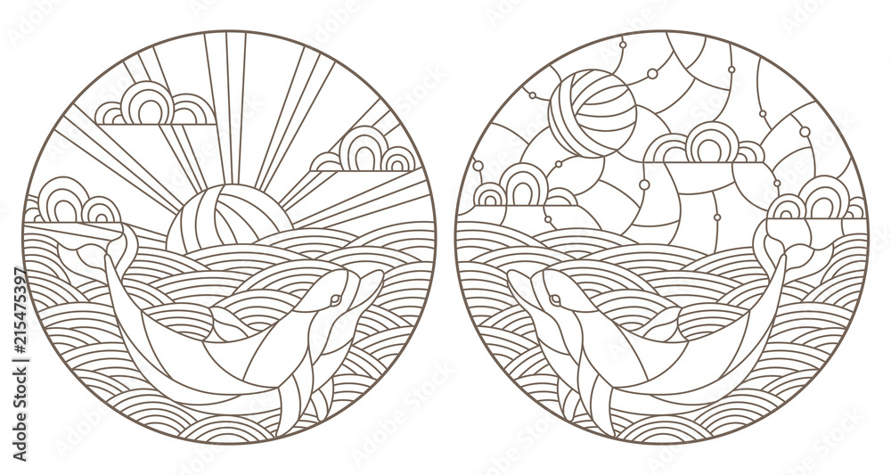 Fototapeta premium Ustaw ilustracje konturowe z delfinami na falach i niebie, ciemny kontur na białym tle