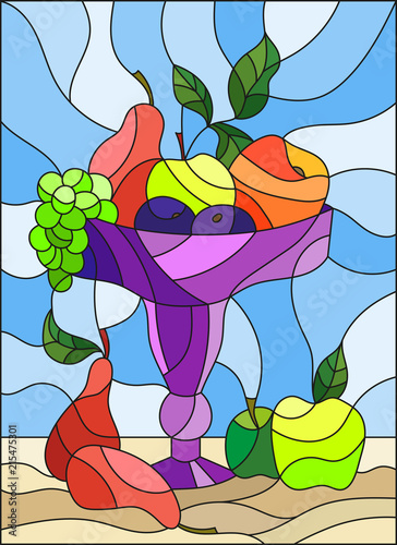 Illustration in stained glass style with still life, fruits and berries in a purple vase on a blue background 