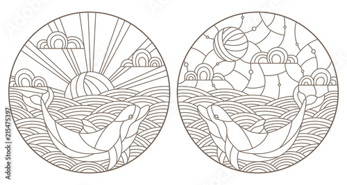Set contour illustrations with dolphins on the waves and the sky , the dark outline on a white background