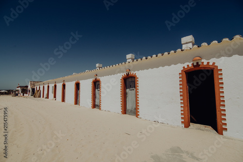 The beach cafe at the Anchor cemetery at the Barril beach near the Town of Tavira at the east Algarve in the south of Portugal in Europe.